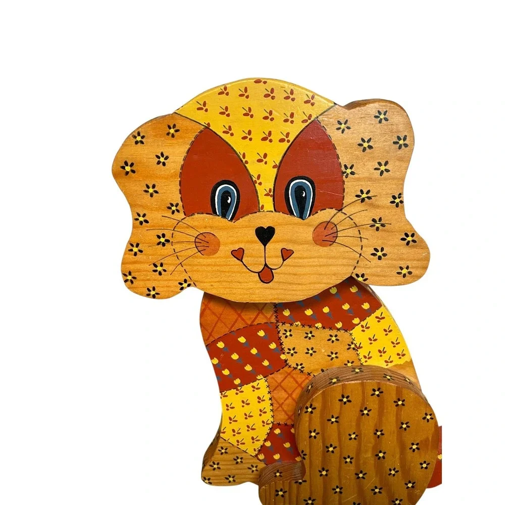 Vintage Wooden Patchwork Dog Shelf Sitter – Hand-Painted Floral Folk Art Puppy